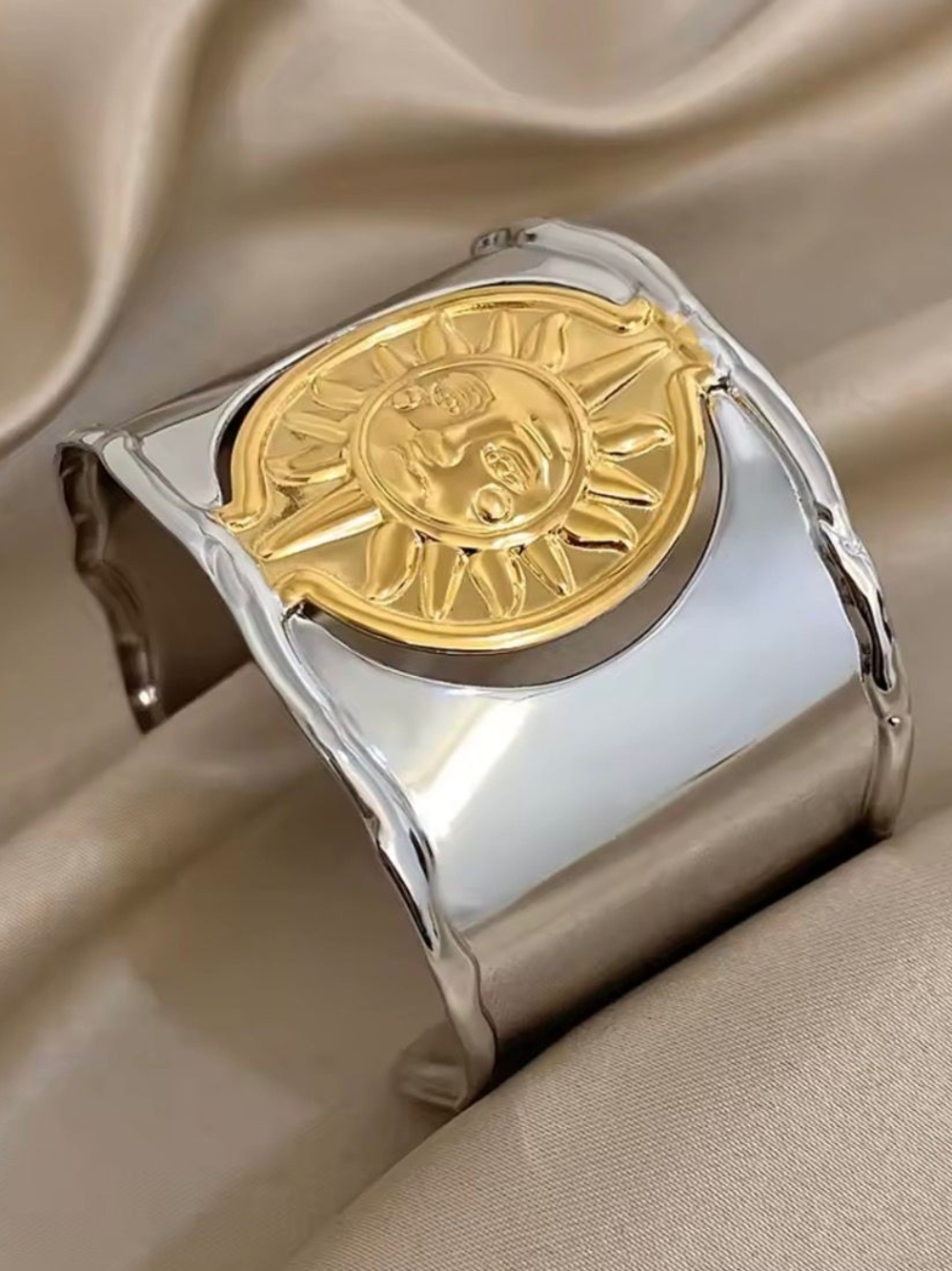 Two-Tone Sun Medallion Cuff Bracelet in Silver and Gold